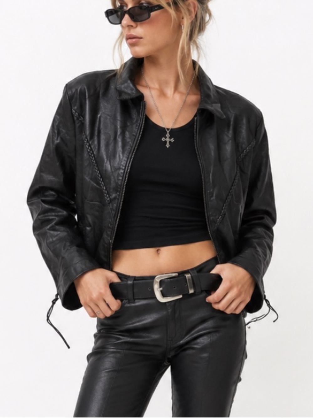 Vintage Black Leather Jacket 90s Y2K Moto Western Biker Braided Lace Up Zipper L